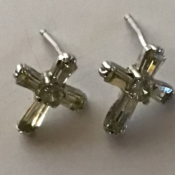 Sterling Silver Mini-petite Crystal Cross Earrings - Picture 1 of 2